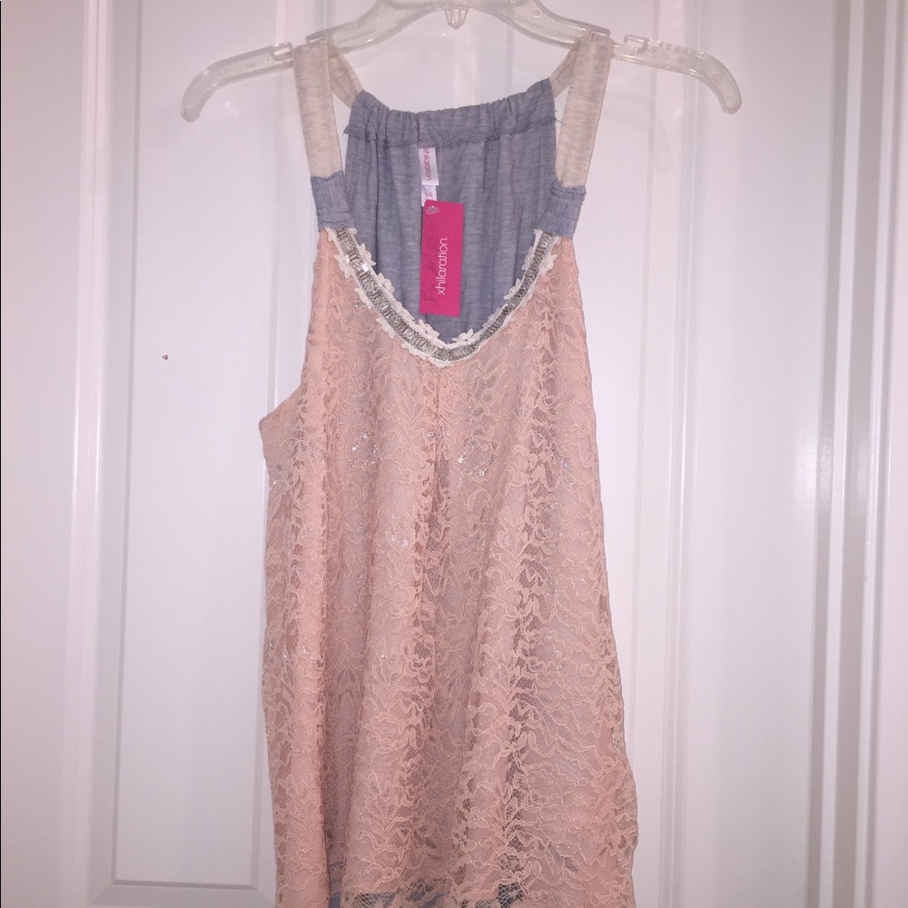 NWT Xhilaration Peach & Gray Lace Tank SZ L